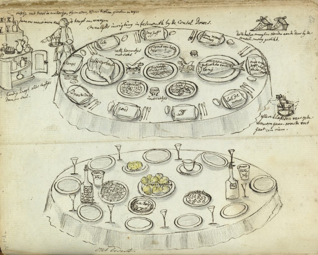 Tafelschikking en maaltijd tijdens diner te Falmouth, Jan Brandes 1778 Rijksmuseum